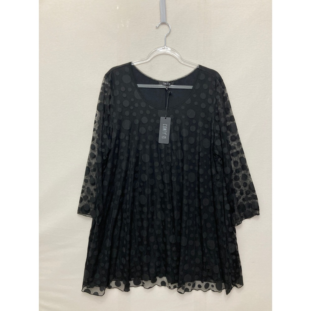 New Comfy USA Polka Dot Mesh Tunic Top 2X Black Layered Relaxed Artsy